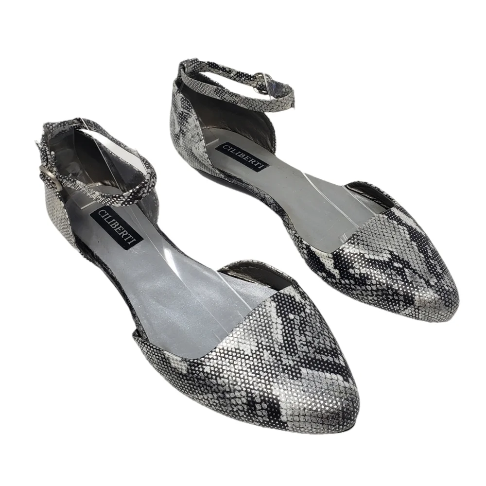 Ciliberti Flats‎ Size 39 US 8.5 Ankle Strap Snake Animal Print Black Silver Gray